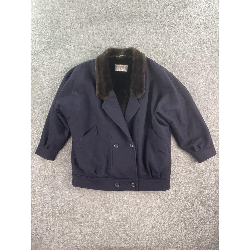 Vintage International Scene Coat Women 13/14 Blue Wool Fur Lined Double Breasted
